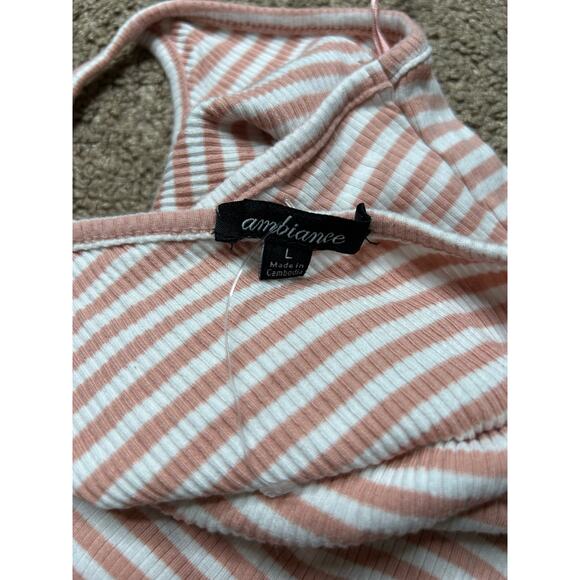 Women’s large ambiance pink and white striped ribbed cropped tank top racer back - Picture 4 of 4
